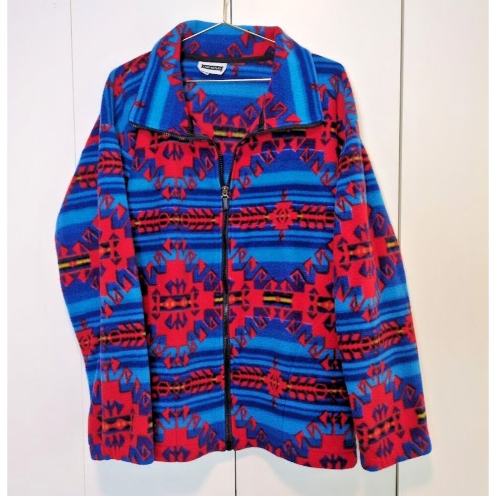 VTG Lake Matley Men's XL Aztec Print Full Zip Fleece Jacket Blue / Red Adult